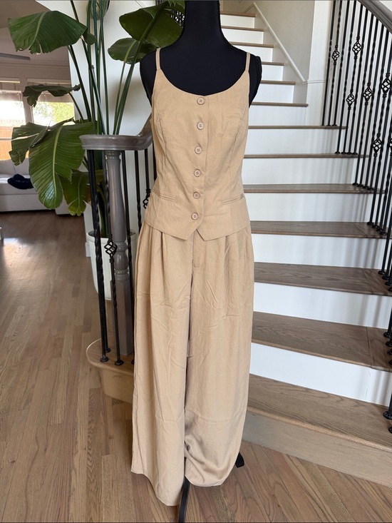 Mable Pants - NWT Mable Beige Wide-Leg Pant Set with Button-Front Top (Medium)